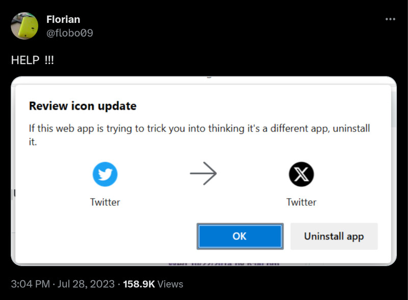 Microsoft Edge стал предупреждать о подозрительном изменении значка Twitter на X