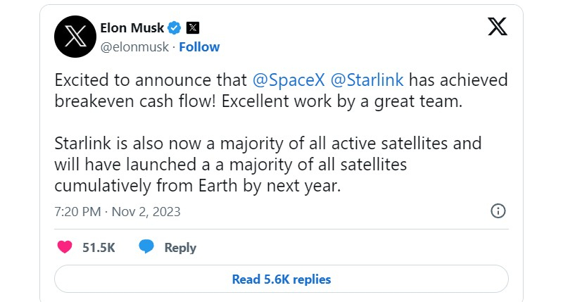 Космический интернет SpaceX Starlink перестал быть убыточным